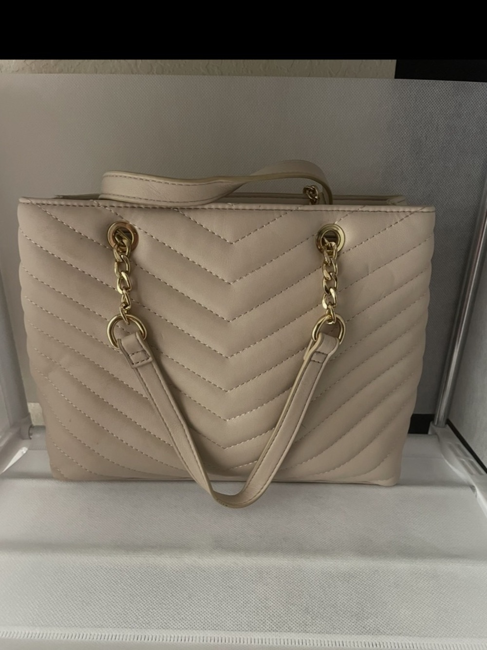 Chic Quilted Cream Tote with Gold Chain Handles
